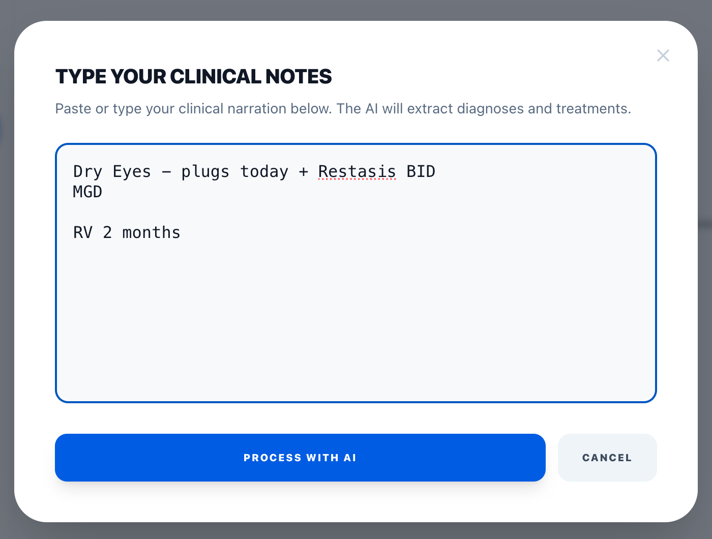 Type Notes modal showing clinical shorthand processed by AI