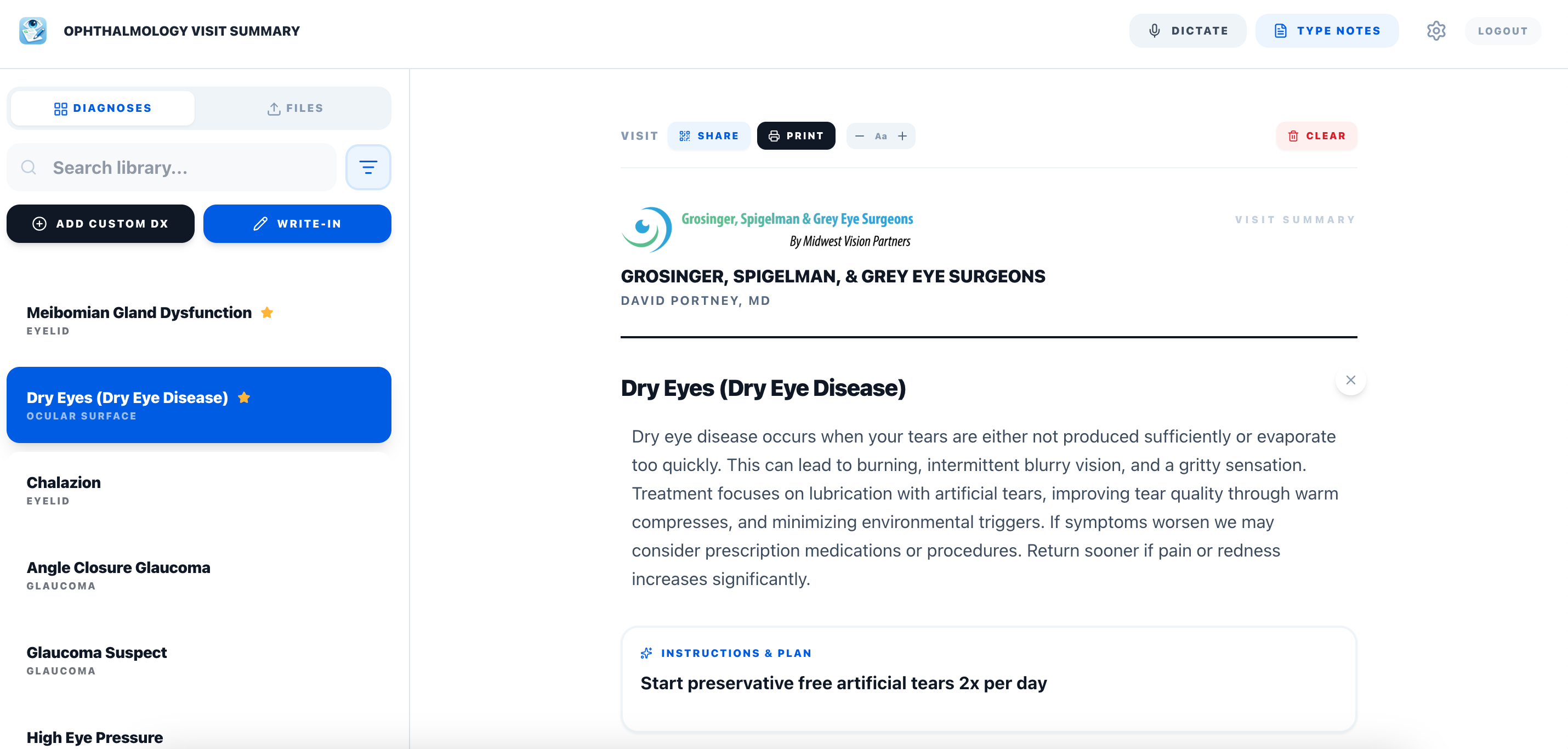 Diagnosis library with favorites starred and categorized by group