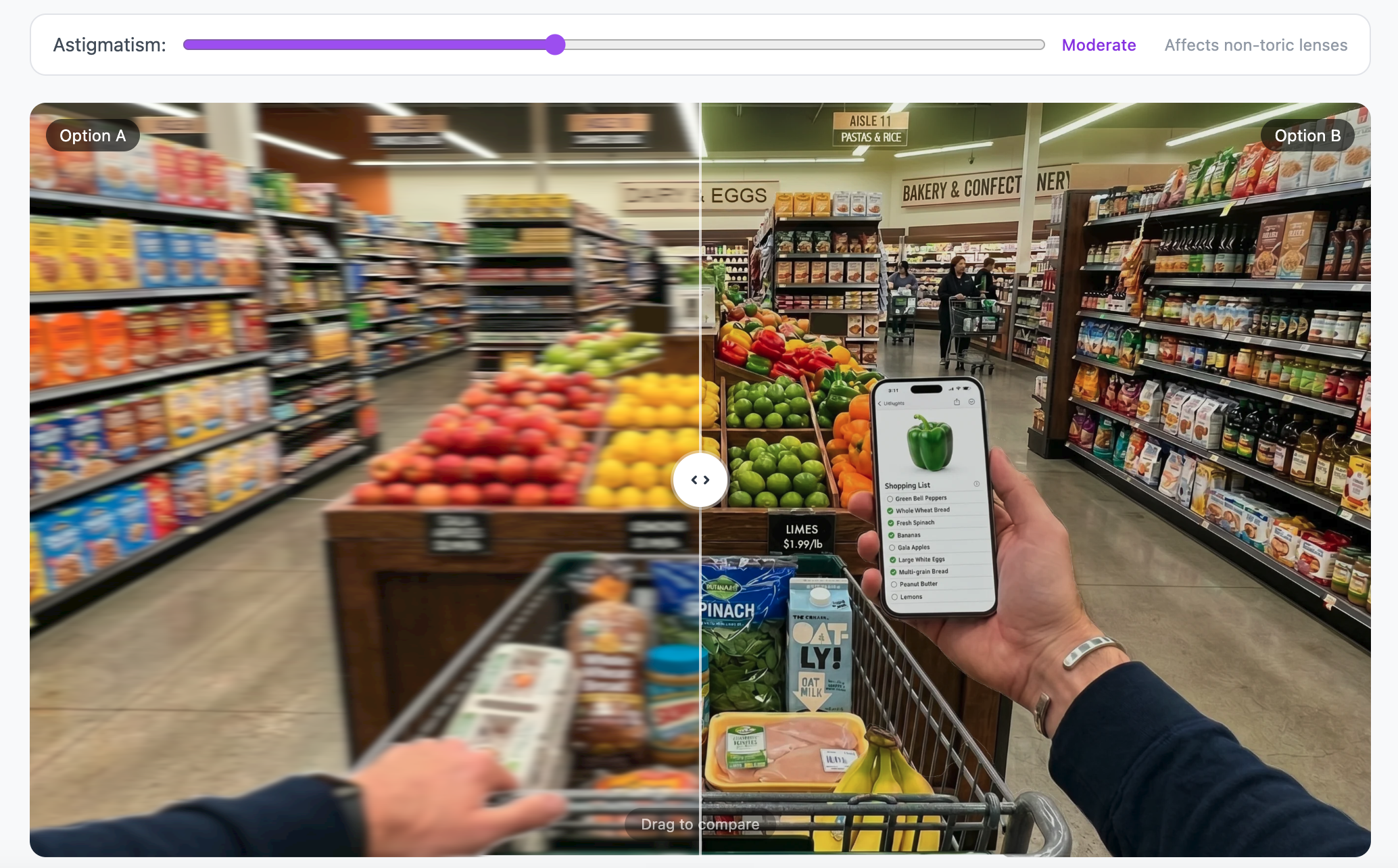 IOL Simulator in Compare mode — Option A and Option B displayed side by side with a draggable divider in a grocery store scene