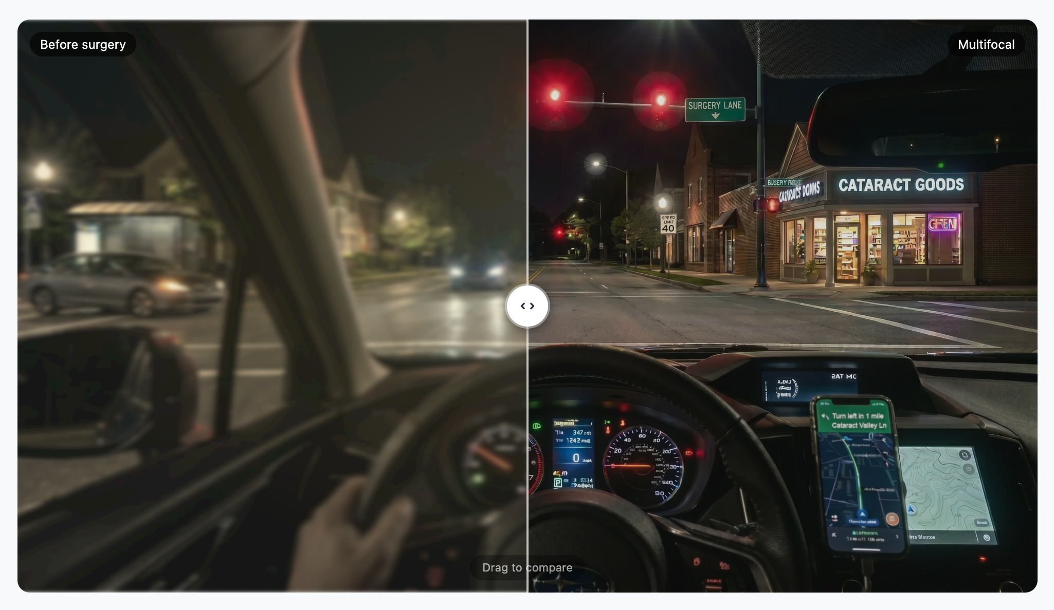 IOL Simulator showing a night driving scene — hazy glare before surgery on the left, clear vision after on the right