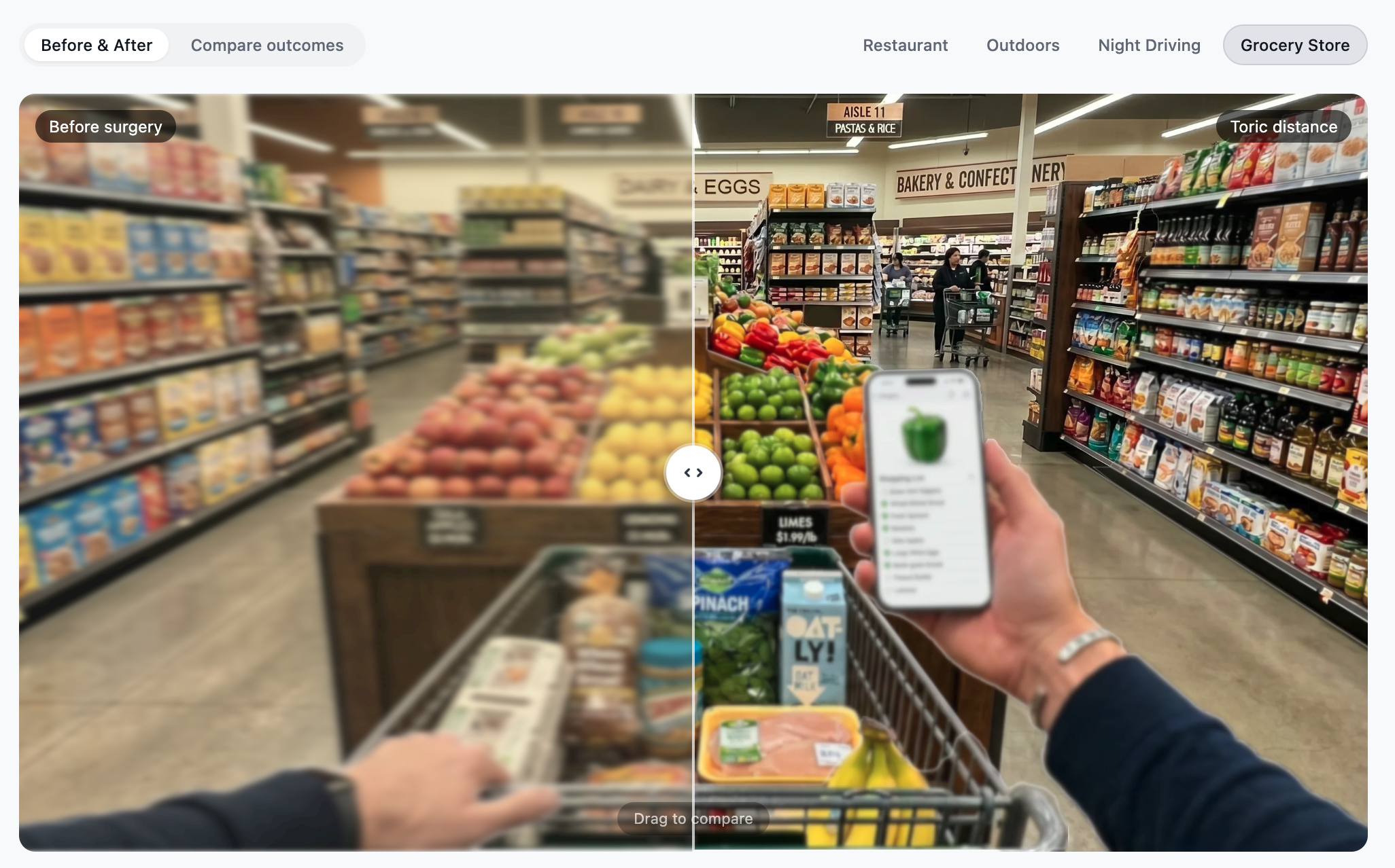 IOL Simulator showing before-and-after comparison in a grocery store scene with scene tabs at top