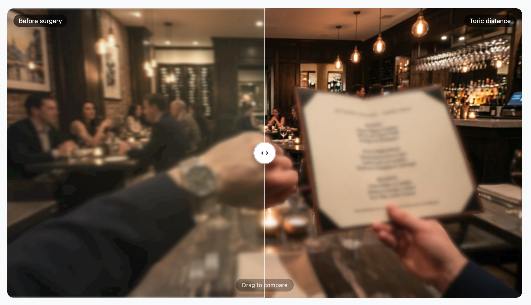 IOL Simulator showing a dim restaurant scene — blurred before surgery on the left, clear after surgery on the right
