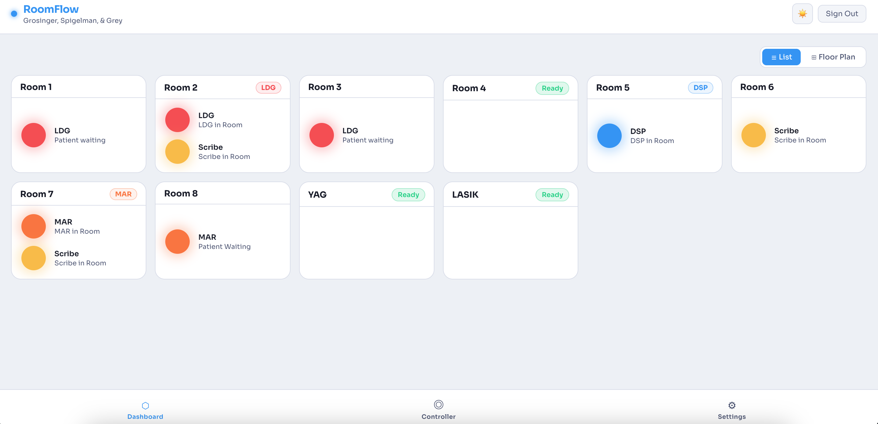 RoomFlow dashboard in list view showing all rooms with provider and status indicators