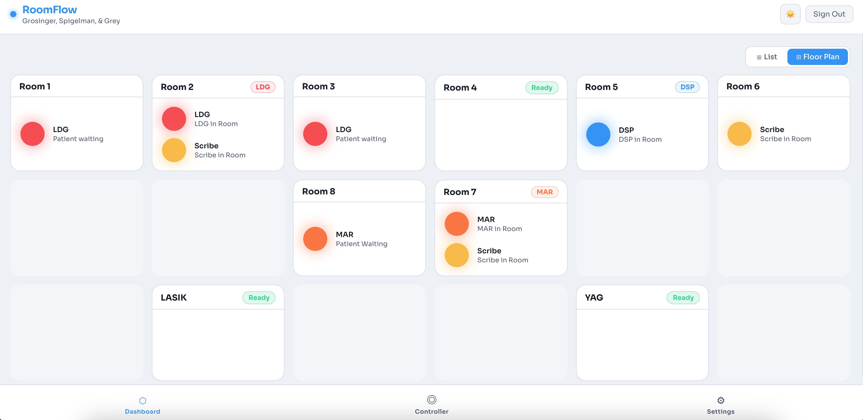 RoomFlow dashboard in floor plan view with rooms arranged to match office layout