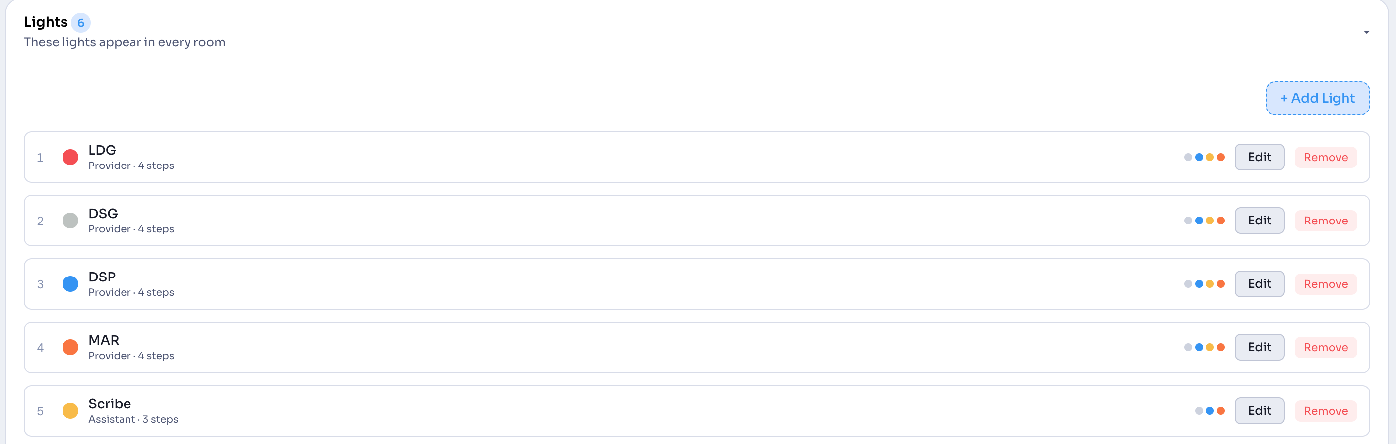 RoomFlow lights configuration showing providers and assistants with their color and step settings