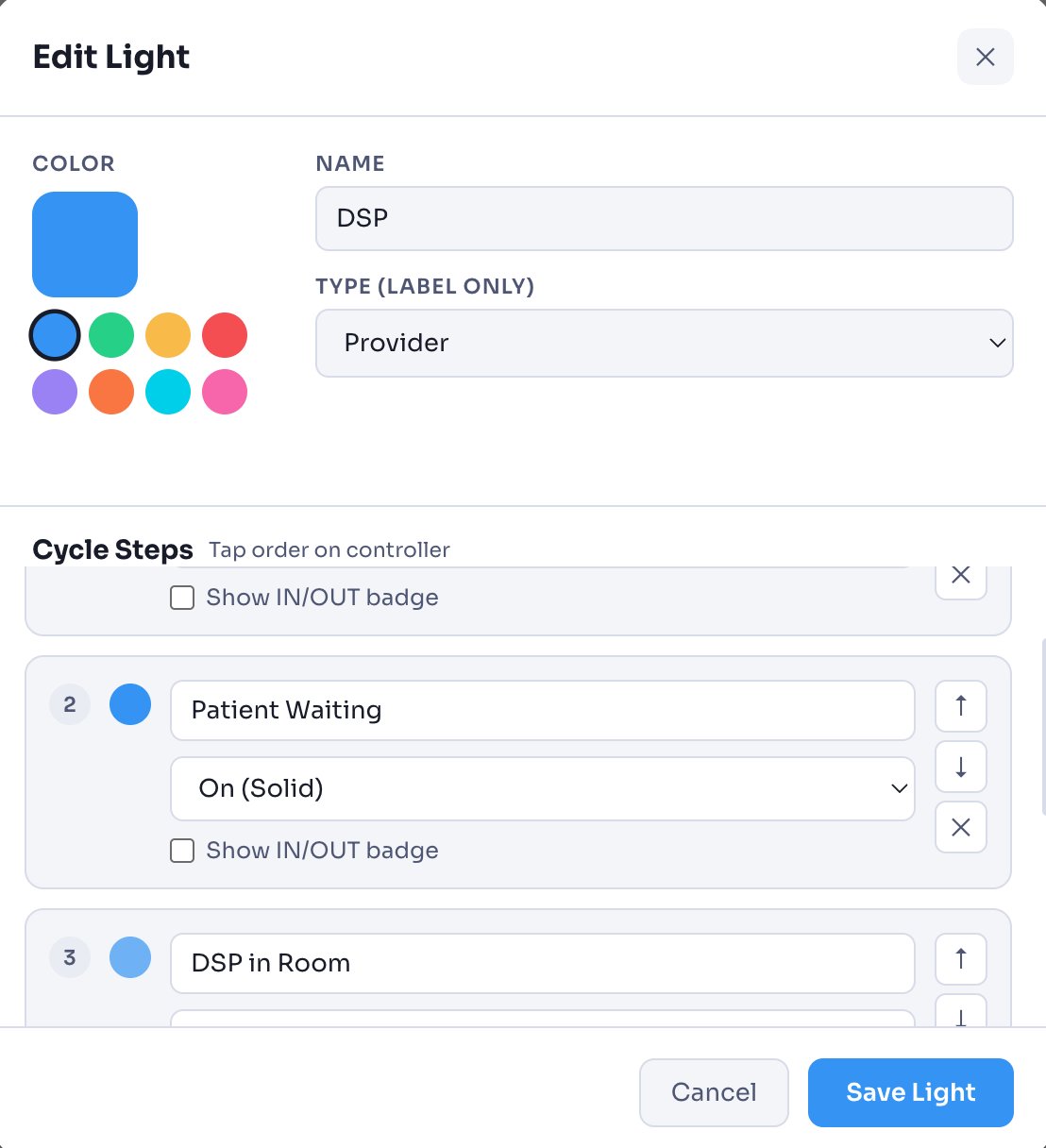Edit Light modal showing color picker, name, type, and cycle step configuration